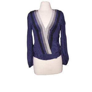 Beyond Vintage S 100% Silk Blouse Open Front Long Sleeve Striped Blue Wo…